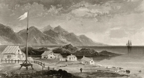 Fiskenaes z Domu Gubernatora, rytowany przez A.W. Graham, z „Arctic Explorations in the Years 1853, 54, 55”, tom I, autorstwa doktora Elisha Kent Kane (1820-57), opublikowanej w Filadelfii, 1856